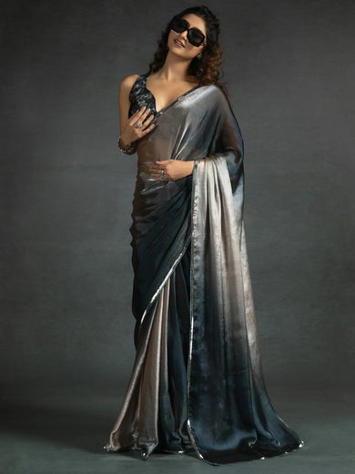 Spectacular Grey Border Work Satin Party Wear Pre-Stitched Saree